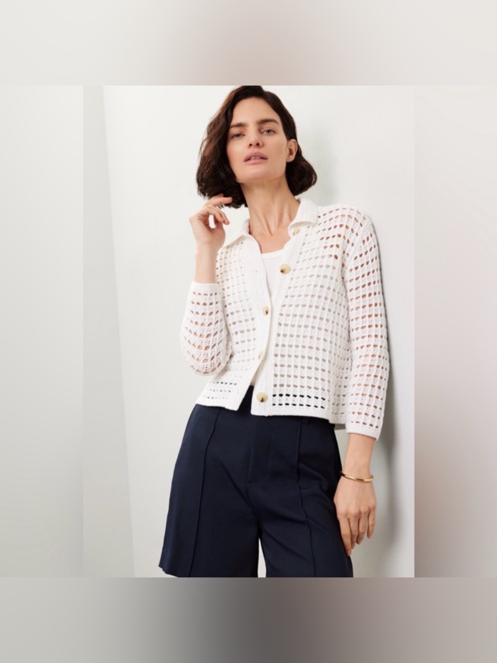 Vince Block Stitch Cotton Cardigan in Optic White